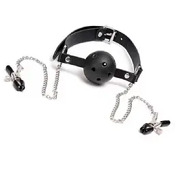 BDSM-аксесуар кляп із затискачами для сосків Чорний K000766 - мініатюра 2
