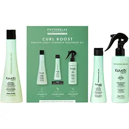 Набір Phytorelax Keratin Curly: згладжуючий шампунь 250 мл + згладжуючий спрей для формування локонів 200 мл + відновлюючий кондиціонер для локонів 100 мл