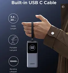 УМБ Ugreen 20000mAh 130W PD/QC, USB-A, USB-С In/Out with built-in USB-C cable (PB723) Gray - мініатюра 3