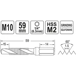 Свердло-мітчик Yato М10х1.5 мм HSS М2 HEX-1/4 l=59/15 мм (YT-44847) - мініатюра 4