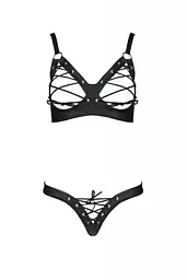 Комплект из экокожи: открытый бра с лентами Passion Celine Bikini, стринги со шнуровкой, 6XL/7XL, черный - миниатюра 3
