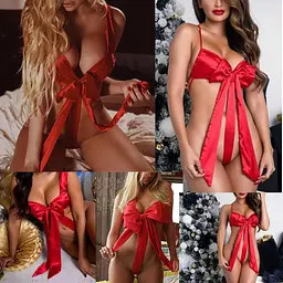 Сексуальний костюм Подарунок, еротичне монокіні з атласною стрічкою One Size S-L червоний - мініатюра 3