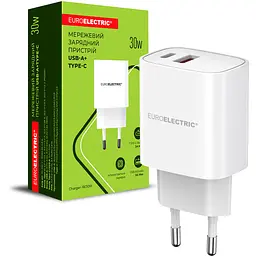 Мережевий зарядний пристрій Euroelectric USB-A+Type-C 30W QC3.0 білий (Charger-30/30W)