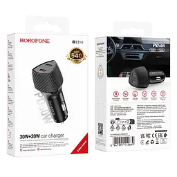 Адаптер автомобільний BOROFONE Solid car charger BZ31D |2Type-C, 60W/3A, PD/QC| - мініатюра 2