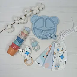 Набір дитячий з тарілочкою, ніблером, пірамідкою a.l.babybox Блакитний