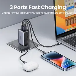 Зарядний пристрій блок живлення 3 порти Ugreen Nexode 65 W GaN II 2*Type-C + 1*USB (2C1A) 8823366 - мініатюра 5