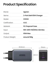Зарядний пристрій Ugreen CD244 USB-A + 2 x USB-C 65 Вт GaN Tech Fast Charger сірий - мініатюра 4