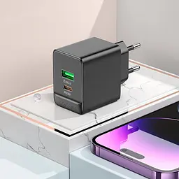 Зарядний пристрій - Адаптер мережевий Borofone BAS14A Erudite charger 2 виходи 1USB + 1Type-C 20W чорний - мініатюра 7