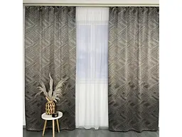 Жакардові штори "геометрія" кавового кольору 2шт. 150х270 з білим шифоновим тюлем 400х270, на тасьмі ALBO pbe0052577 - мініатюра 2