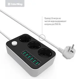 Фільтр живлення ColorWay CW-CHE36B 3 розетки, 6 USB, 1.8 м, чорний - мініатюра 2