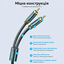 Аудіокабель для аналогового стереопідключення Vention 10 м з роз'ємами «тюльпан» по 2 штекери RCA на кожному кінці подвійне екранування від перешкод подовжений захист від натягу біля штекерів бавовняне обплетення зовнішній діаметр 6,5 мм зелений (BCUGL) - мініатюра 4