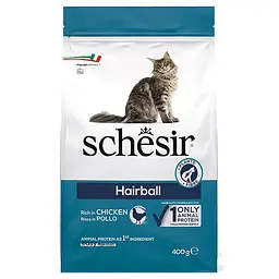 Сухий монопротеїновий корм для котів з довгою шерстю Schesir Cat Hairball Шезір з куркою для виведення шерсті 400 г (ШКВВШ0.4)