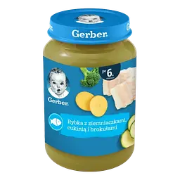 Набір пюре Gerber : овоче - м'ясне від 7 міс зі шматочками Овочі з куркою 190 г + овоче-м'ясне  від 7місюВесняний суп зі шматочками овочів, індичкою та кропом  190 г +  рибно-овочеве від 6 міс  Риба з картоплею, цукіні та броколі  190 г - мініатюра 4