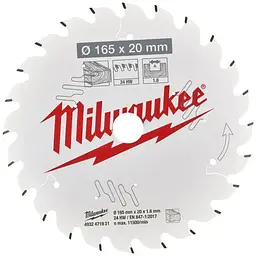 Диск пиляльний по дереву PFTE THIN KERF MILWAUKEE, діаметр 165х20х1,6мм, 24 зуб.