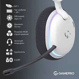 Навушники GamePro Asgard Bragi 7.1 RGB Tri-Mod White бездротові (HSW250W) - мініатюра 5