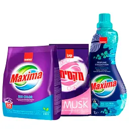 Набір Sano Пральний порошок Bio, Суперконцентрований ополіскувач Maxima Blue Blossom, Пральний порошок Musk (295343, 991426, 288727)
