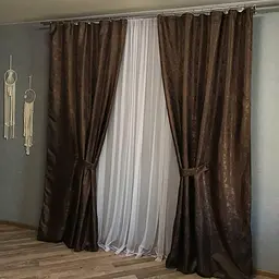 Жакардові штори шоколадного кольору 2шт. 150х270 з білим шифоновим тюлем 400х270, на тасьмі ALBO pbe0052681 - мініатюра 4