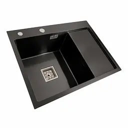 Кухонна мийка чорна Platinum PVD Handmade 65x50 L(квадратний сифон 3,0/1), Чорний - мініатюра 3