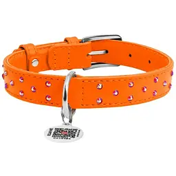 Нашийник для собак Waudog Glamour, шкіряний, зі стразами, з QR паспортом, XL, 38-49х2 см, помаранчевий