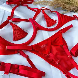 Еротичний комплект з відкритим доступом пестісами гартерами і чокером S/M/L Червоний - мініатюра 8