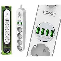 Мережевий фільтр LDNIO SE4432 подовжувач 4 розетки 4 USB 2 м білий - мініатюра 4