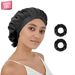Шовкова шапочка для сну MaryuPHair з мулберрі + 2 великі шовкові гумки для волосся (чорний)