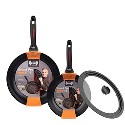 Набір зі сковорідок Smart Fry Krauff ⌀24см, ⌀28см та універсальної кришки MultiSize + щипці та кухонна дошка