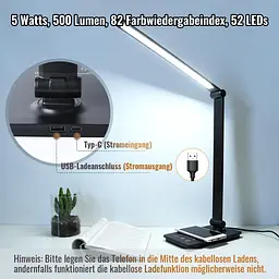 Настільна LED-лампа з бездротовою зарядкою, USB та регулюванням яскравості - мініатюра 2
