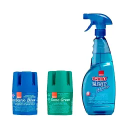 Набір Sano Бачок для миття унітазу Blue Flash, Бачок для миття унітазу Green, Універсальний засіб Clear для стекол та поверхонь (287607, 935833, 425646)