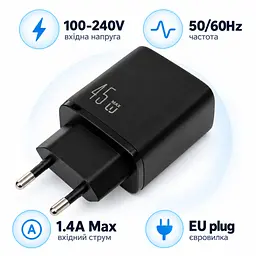 Зарядний пристрій Vinga 2xUSB-C + USB-A Display 45W (VCR45ACCDB) - мініатюра 2