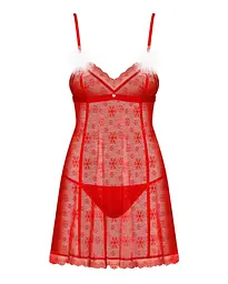 Новорічна сорочка Obsessive Claussica S/M, червона, прозора з візерунком, стрінги в комплекті - мініатюра 3