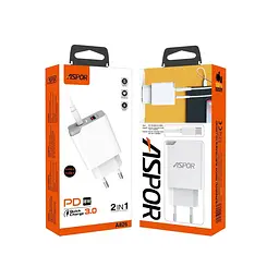 Мережевий зарядний пристрій Aspor A826 PD (20W/USB/Type-C) + кабель Type-C – Type-C- білий - мініатюра 5