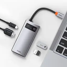 USB-хаб Baseus Metal Gleam Series 4-in-1 Multifunctional Type-C HUB Docking Station Gray(Type-C to HDMI*1+USB3.0*1+USB2.0*1+PD*1) (CAHUB-CY0G) - мініатюра 7