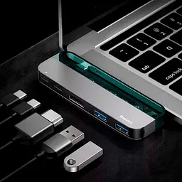 Мультипортовий адаптер USB Хаб Baseus Multi-Functional Transparent Series Type-C CAHUB-TD0G Deep Gray - мініатюра 6