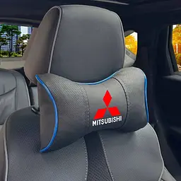 Подушка на підголівник з логотипом Mitsubishi Екошкіра 3D Кольоровий лого Чорна-Синій кант 1 шт