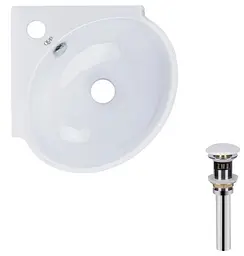 Комплект Qtap Leo N: Раковина підвісна кутова овальна 380x360x130 мм WHITE + Донний клапан PU02O (QT11115010WN47331)