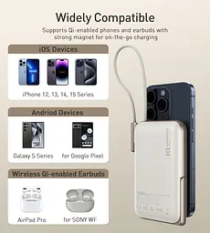 УМБ Choetech Magnetic Wireless 10000mAh 20W PD USB-C In/Out, Qi-15W,buid-in cabel White - мініатюра 6