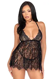 Сорочка беби-долл із стрингами Leg Avenue Floral lace babydoll & string, L, чорна