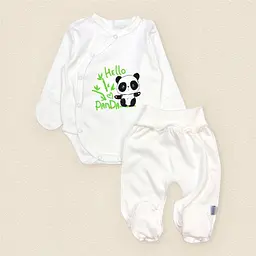 Дитячий комплект боді з повзунками Panda зріст 56 см (0 - 1 місяць) Malena Молочний з принтом