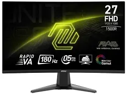 Монітор вигнутий 27" MSI MAG 27C6F, Black, Rapid VA, 1920x1080 (16:9), 0.5 мс, 180 Гц, 250 кд/м², 3000:1, 1500R, 178°/178°, 2xHDMI/DP, VESA 100x100 мм, Adaptive Sync, aRGB - 78%, DCI-P3 - 73%, sRGB - 93%