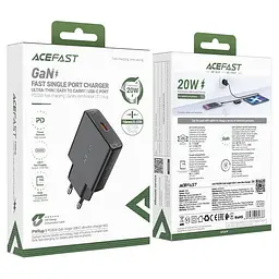Мережевий зарядний пристрій Acefast A65 PD20W GaN single USB-C ultra-thin charger чорний - мініатюра 2
