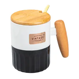 Чашка порцелянова 400 мл Vintage з бамбуковою кришкою та ложкою, чорний з білим Happy Life HP7204B - мініатюра 7