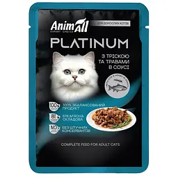 Вологий корм для котів AnimAll Platinum Cat Codfish шматочки з тріскою та травами в соусі 85 г