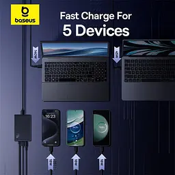 Зарядний пристрій Baseus Digital GaN Intelligent Desktop Fast Charger 240W (3xType+C+USB+DC) (With Cable DC to DC black (P10163901113-00) - мініатюра 8