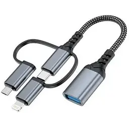 Дата кабель OTG USB 3.0 AF to USB-C + Micro 5P + Lightning 0.11m 60W XoKo (XK-AC-155)