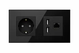 Подвійна розетка європейська Tawoia Smart Home 3в1 із USB та LAN-портом скляна панель чорна (SKU-051)