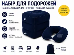 Набір для подорожей - надувна подушка для ніг 3 рівні + дорожня подушка для шиї синій - мініатюра 2