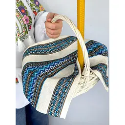 Комплект Великодній кошик Буковина (маленький) з лляним рушником 45х30 см Рандеву (синій) та свічкой