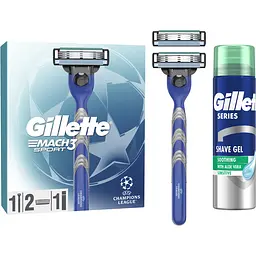 Подарунковий набір Gillette UEFA Champions League Special Edition: станок для гоління чоловічий Gillette Mach3 Sport з 2 змінними картриджами + гель для гоління Gillette Series Sensitive Skin для чутливої шкіри 200 мл