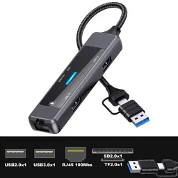 Концентратор XoKo USB-C 5-in-1 USB 3.0 + USB 2.0 + SD/TF + RJ45 100Mbps silver (XK-AC-350) - мініатюра 2